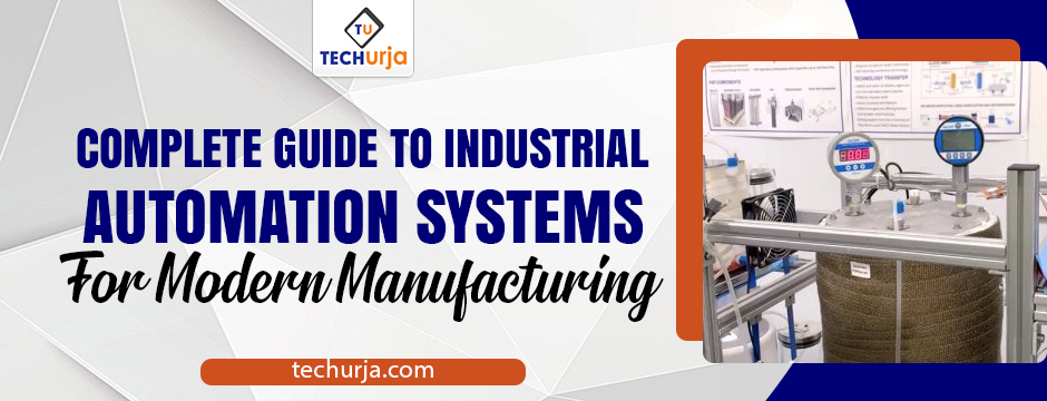 Banner showing a guide to industrial automation systems for modern manufacturing, featuring control panels and industrial equipment on the right side.