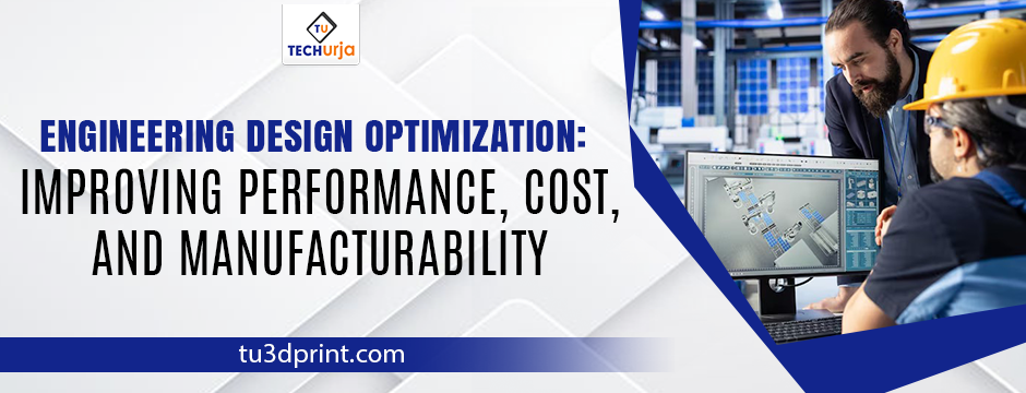 Engineering design optimization process showing engineers analyzing CAD models to improve performance, cost, and manufacturability