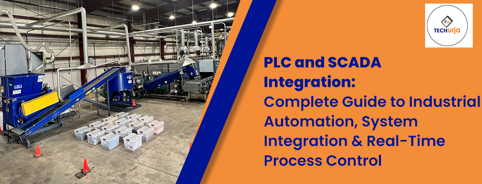 PLC and SCADA integration in smart manufacturing plant with automated machinery, conveyors, and centralized process control systems